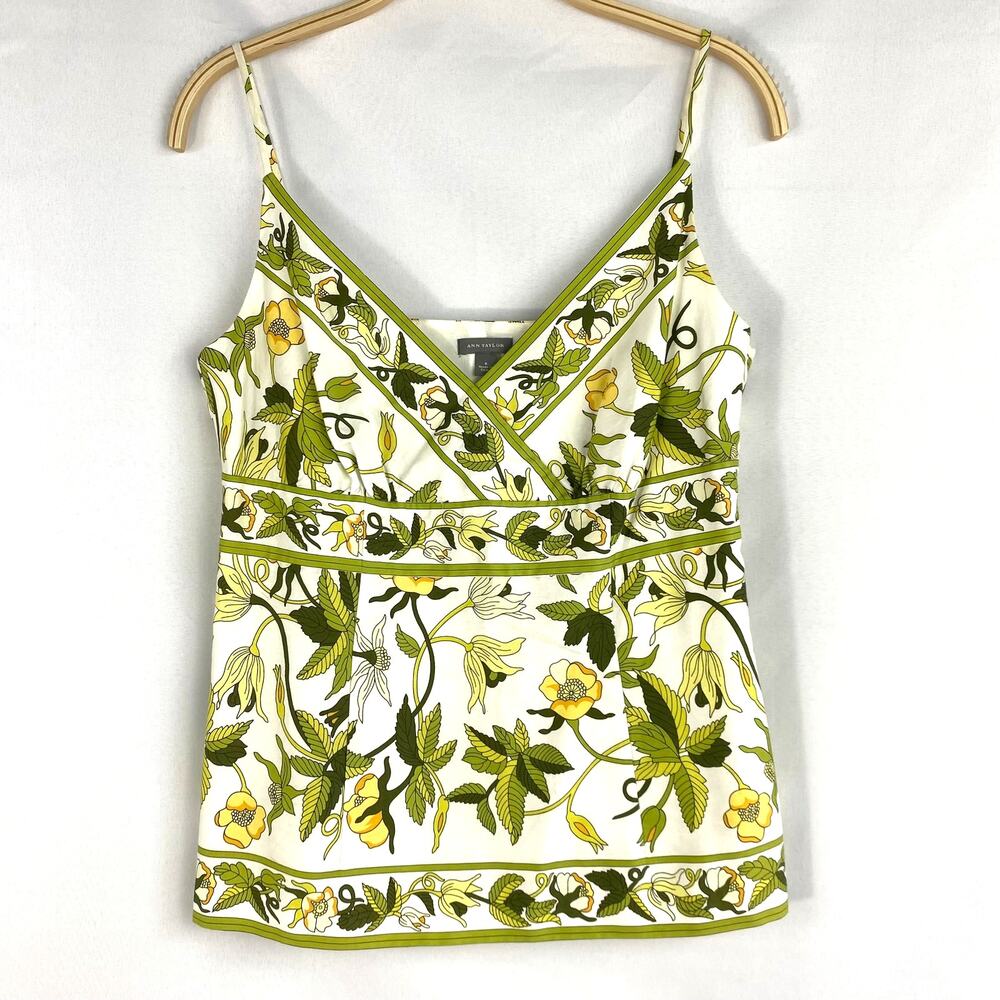 Ann Taylor Floral Spaghetti Strap Tank Top Sz 6 Green Yellow Cotton Empire Waist